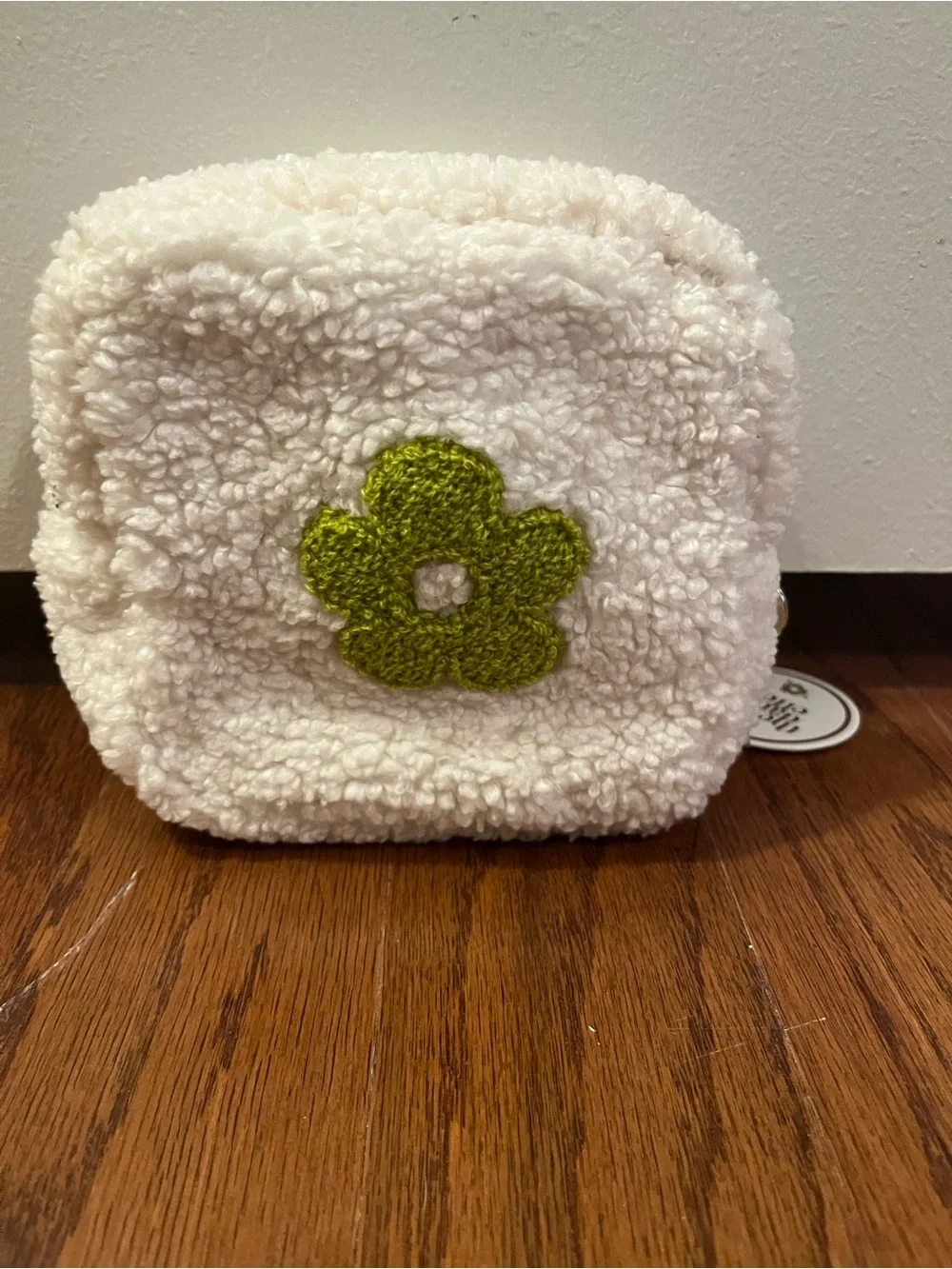 White Faux-Shearling Zip Pouch with Green Lining